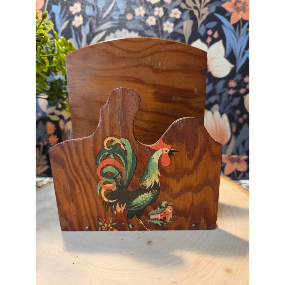 😎Vintage Wooden Rooster Mail Holder Organizer Country Farmhouse Kitchen Decor